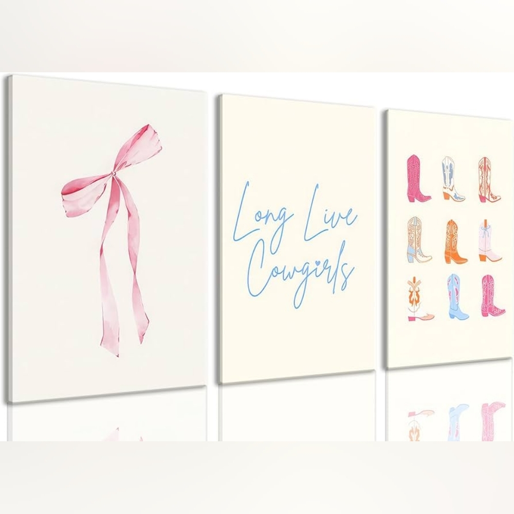 Coastal Coquette Cowgirl Western Boots Bow Canvas Art Set 12x16